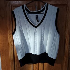 White & Black Cotton V-Neck Sweater Vest